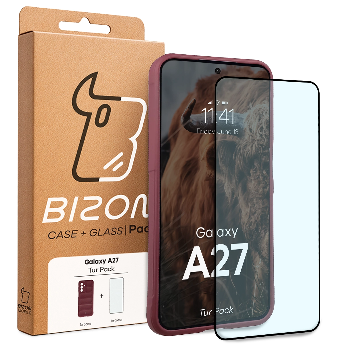 Przód pudełka Bizon Tur Pack z dedykowaną etykietą do Samsung Galaxy A27 5G