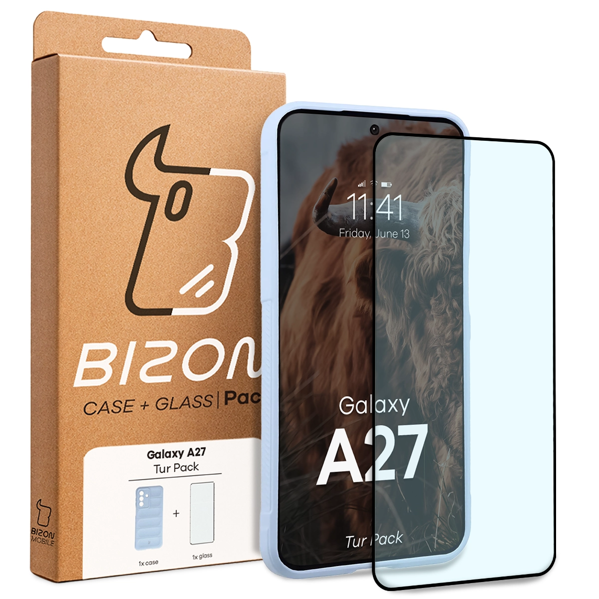 Przód pudełka Bizon Tur Pack z dedykowaną etykietą do Samsung Galaxy A27 5G