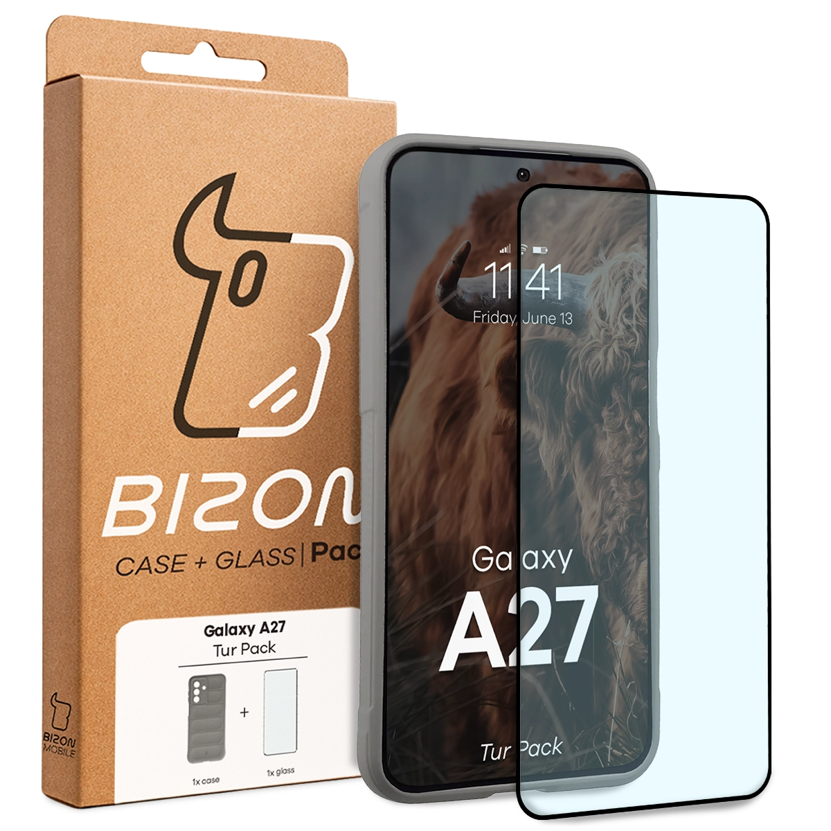 Przód pudełka Bizon Tur Pack z dedykowaną etykietą do Samsung Galaxy A27 5G