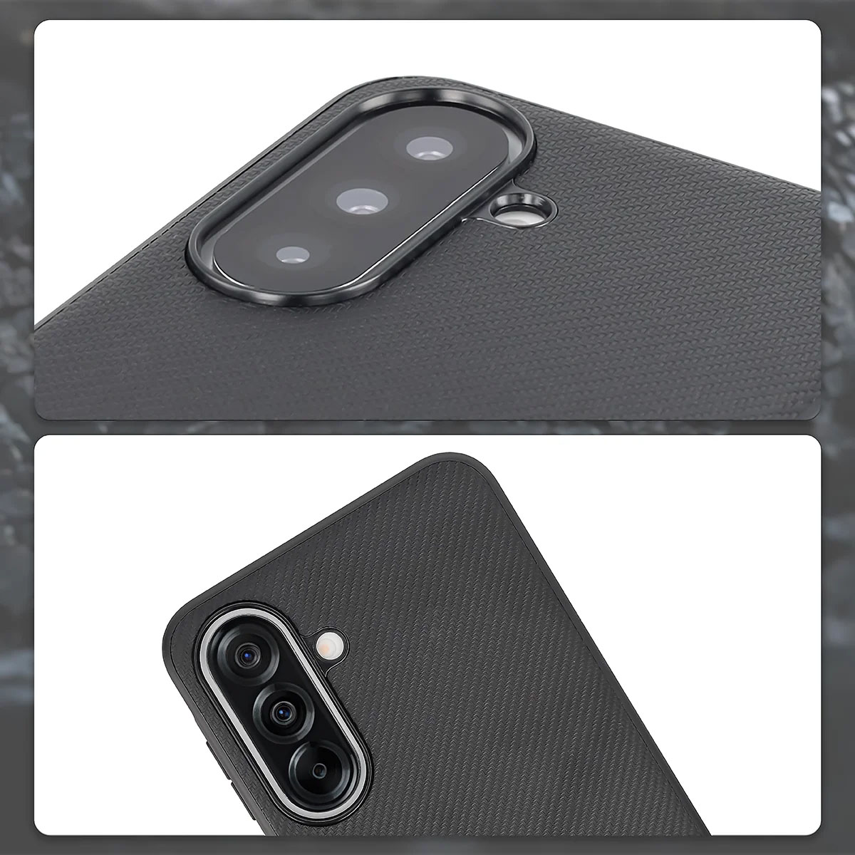 Podniesione krawędzie aparatu i wycięcie na aparat w etui Bizon Case CarbO do Samsung Galaxy A37 5G