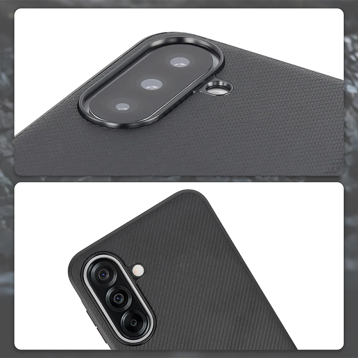 Podniesione krawędzie aparatu i wycięcie na aparat w etui Bizon Case CarbO do Samsung Galaxy A37 5G