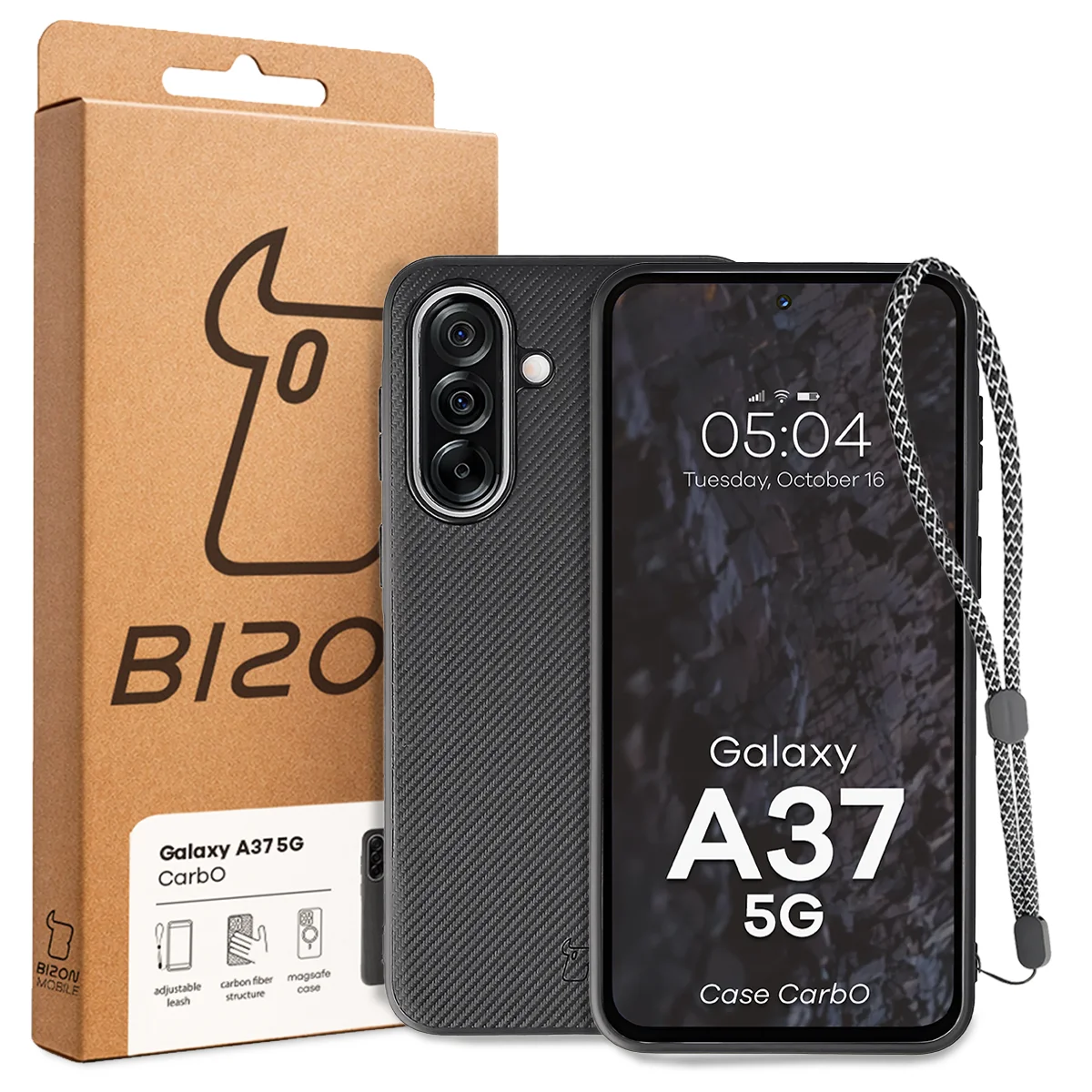 Przód pudełka Bizon Case z dedykowaną etykietą do Samsung Galaxy A37 5G