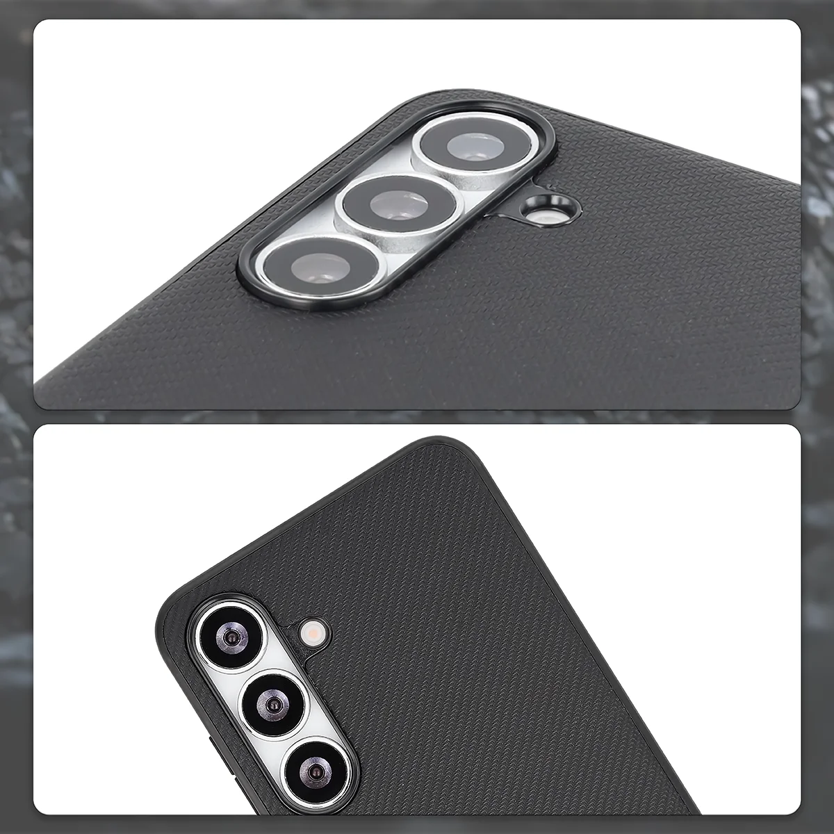 Podniesione krawędzie aparatu i wycięcie na aparat w etui Bizon Case CarbO do Samsung Galaxy S25 FE