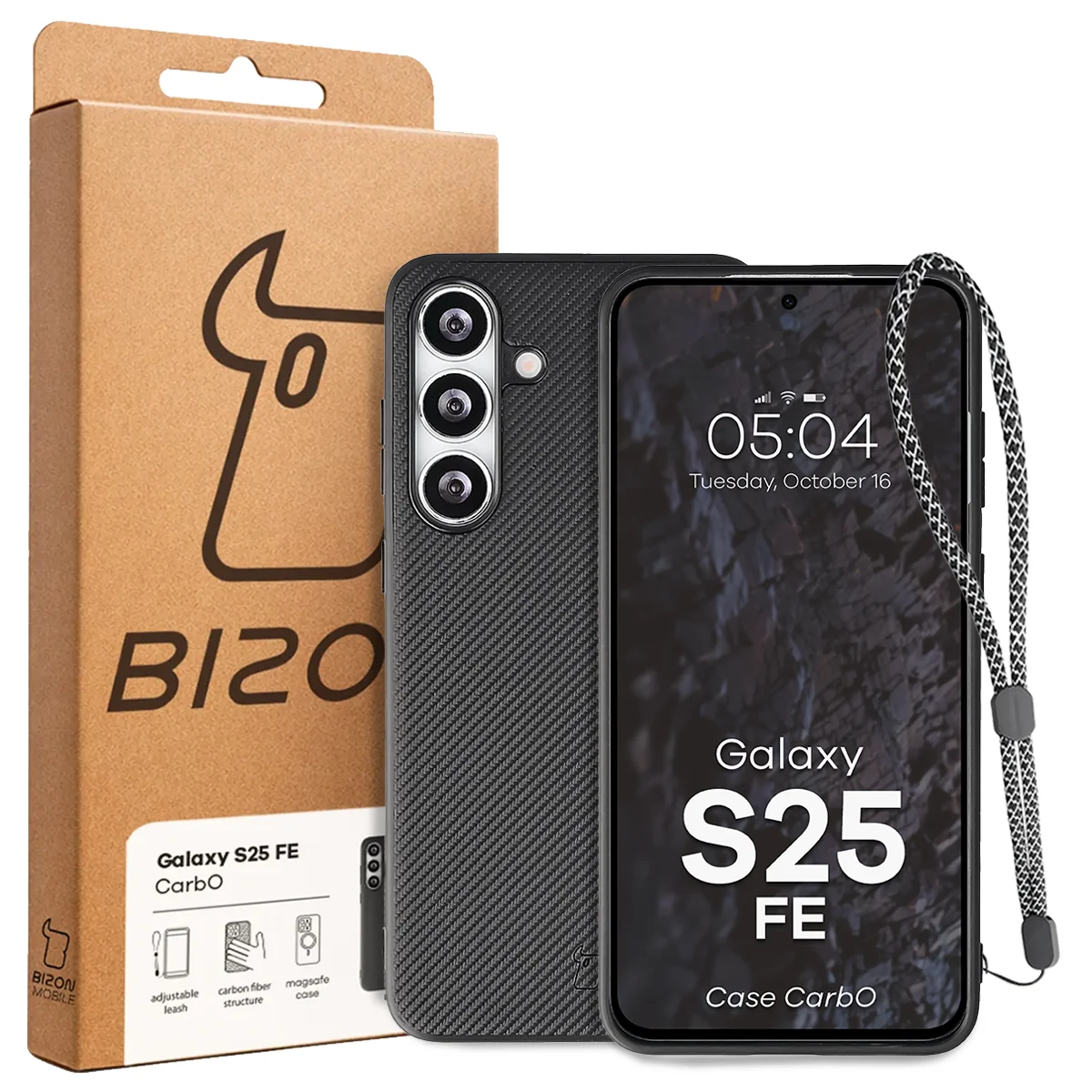Przód pudełka Bizon Case z dedykowaną etykietą do Samsung Galaxy S25 FE