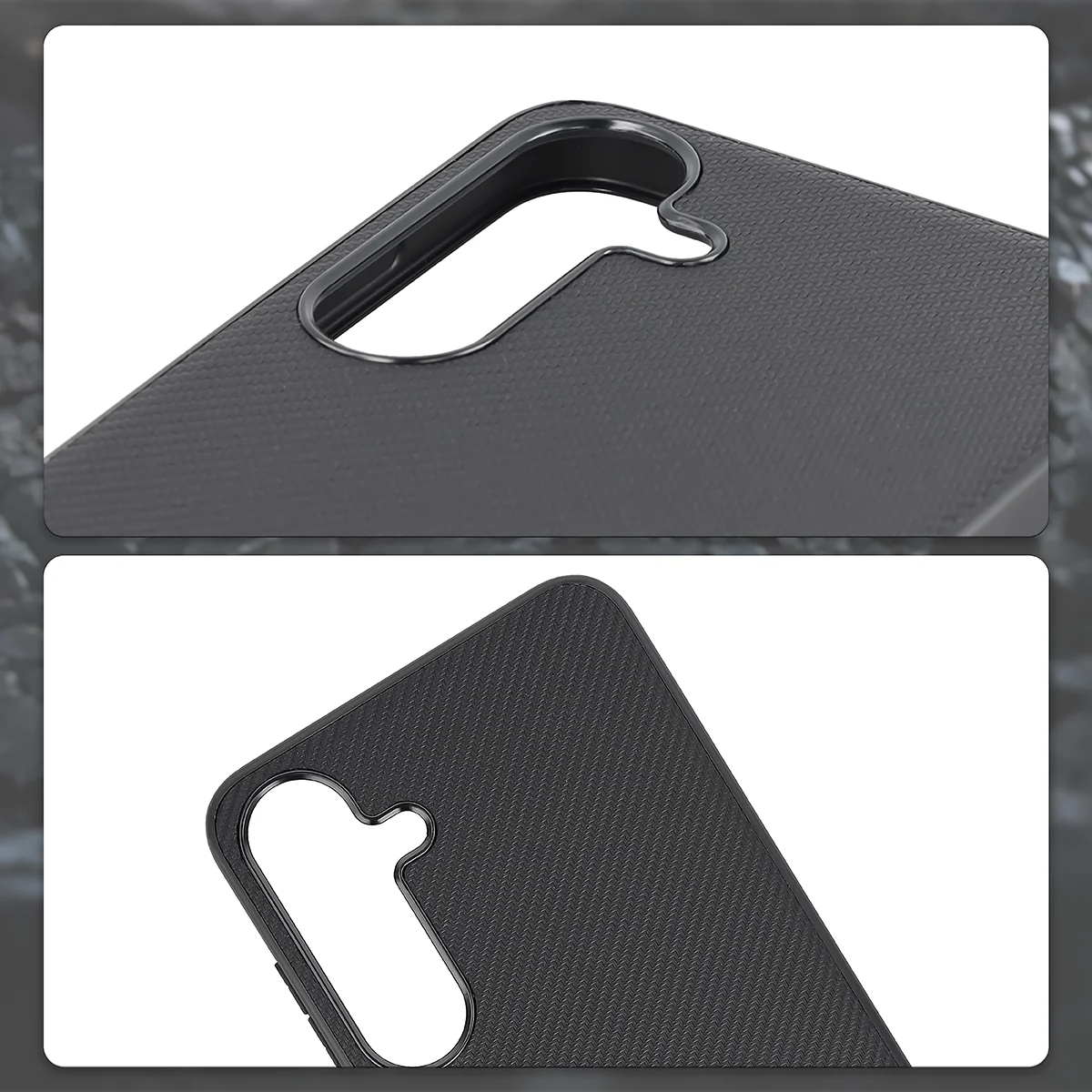 Podniesione krawędzie aparatu i wycięcie na aparat w etui Bizon Case CarbO do Samsung Galaxy S25 Plus