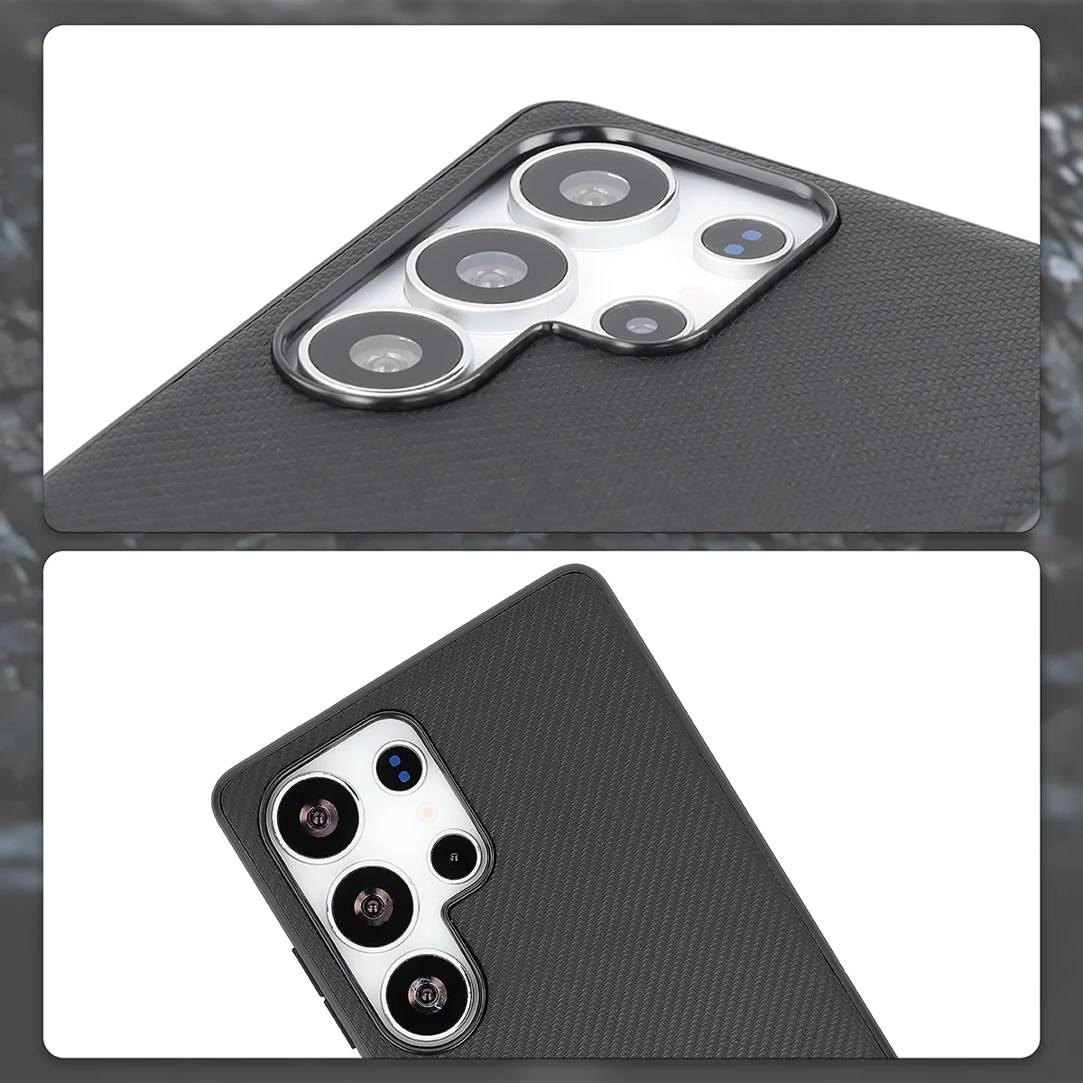 Podniesione krawędzie aparatu i wycięcie na aparat w etui Bizon Case CarbO do Samsung Galaxy S25 Ultra