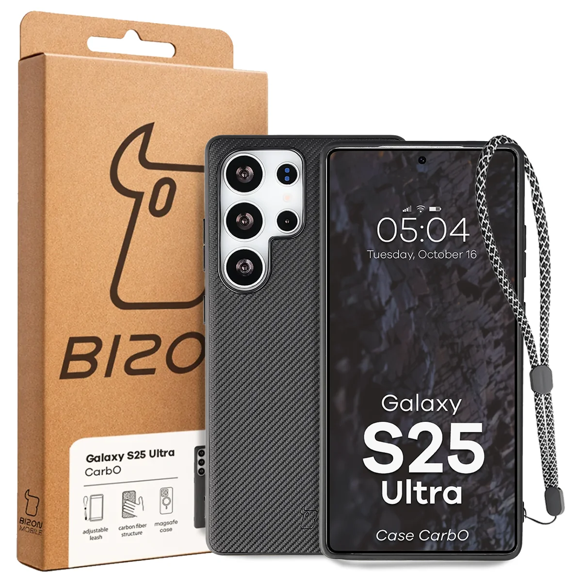 Przód pudełka Bizon Case z dedykowaną etykietą do Samsung Galaxy S25 Ultra