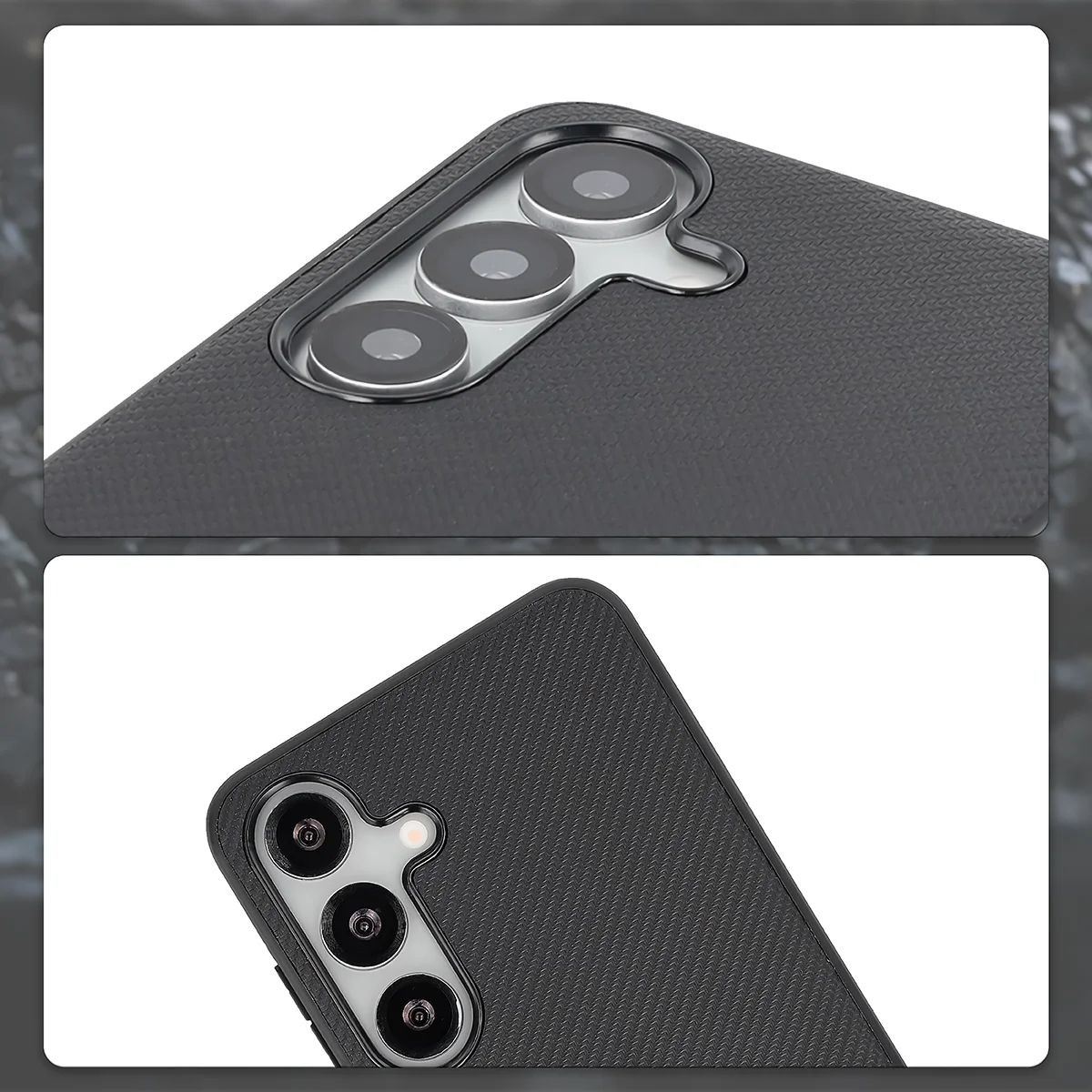 Podniesione krawędzie aparatu i wycięcie na aparat w etui Bizon Case CarbO do Samsung Galaxy S25
