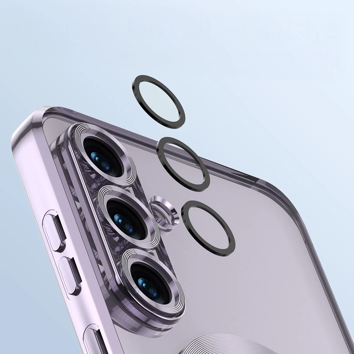 Zbliżenie na wbudowaną ochronę aparatu w Bizon Case GuardO do Samsung Galaxy S25
