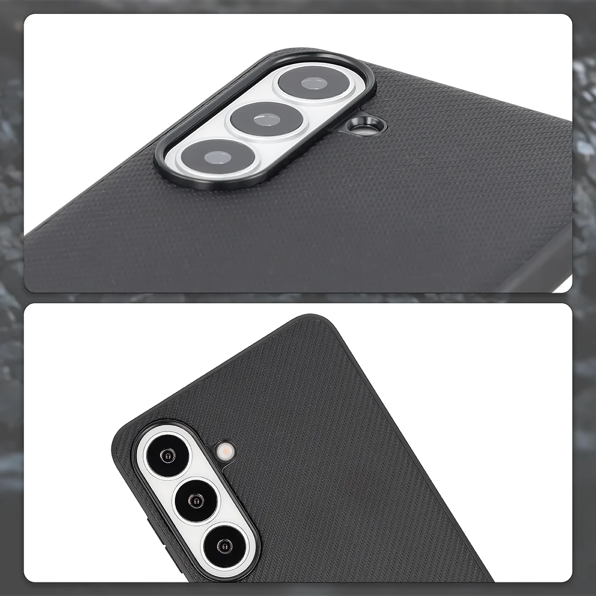 Podniesione krawędzie aparatu i wycięcie na aparat w etui Bizon Case CarbO do Samsung Galaxy S26 Plus