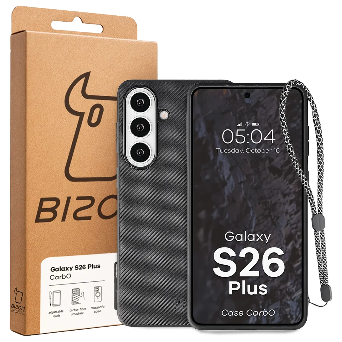 Przód pudełka Bizon Case z dedykowaną etykietą do Samsung Galaxy S26 Plus