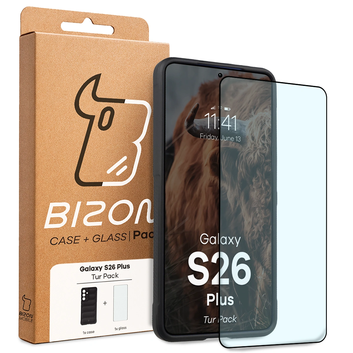 Przód pudełka Bizon Tur Pack z dedykowaną etykietą do Samsung Galaxy S26 Plus