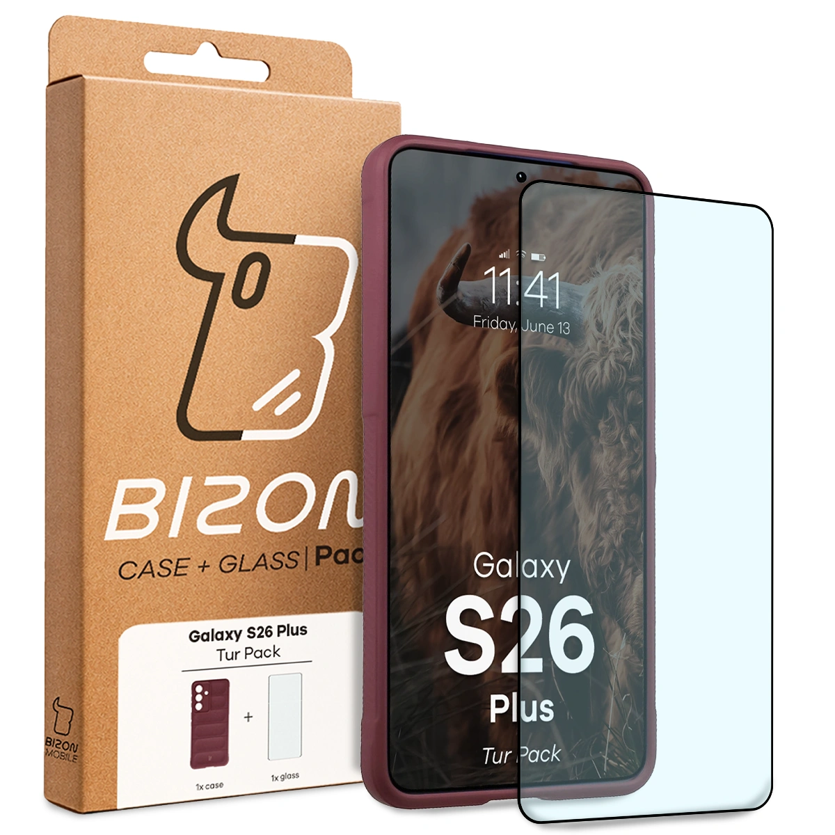 Przód pudełka Bizon Tur Pack z dedykowaną etykietą do Samsung Galaxy S26 Plus