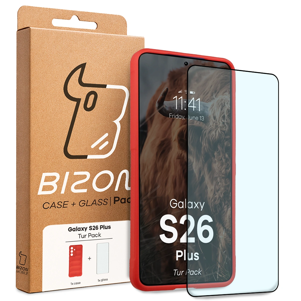 Przód pudełka Bizon Tur Pack z dedykowaną etykietą do Samsung Galaxy S26 Plus