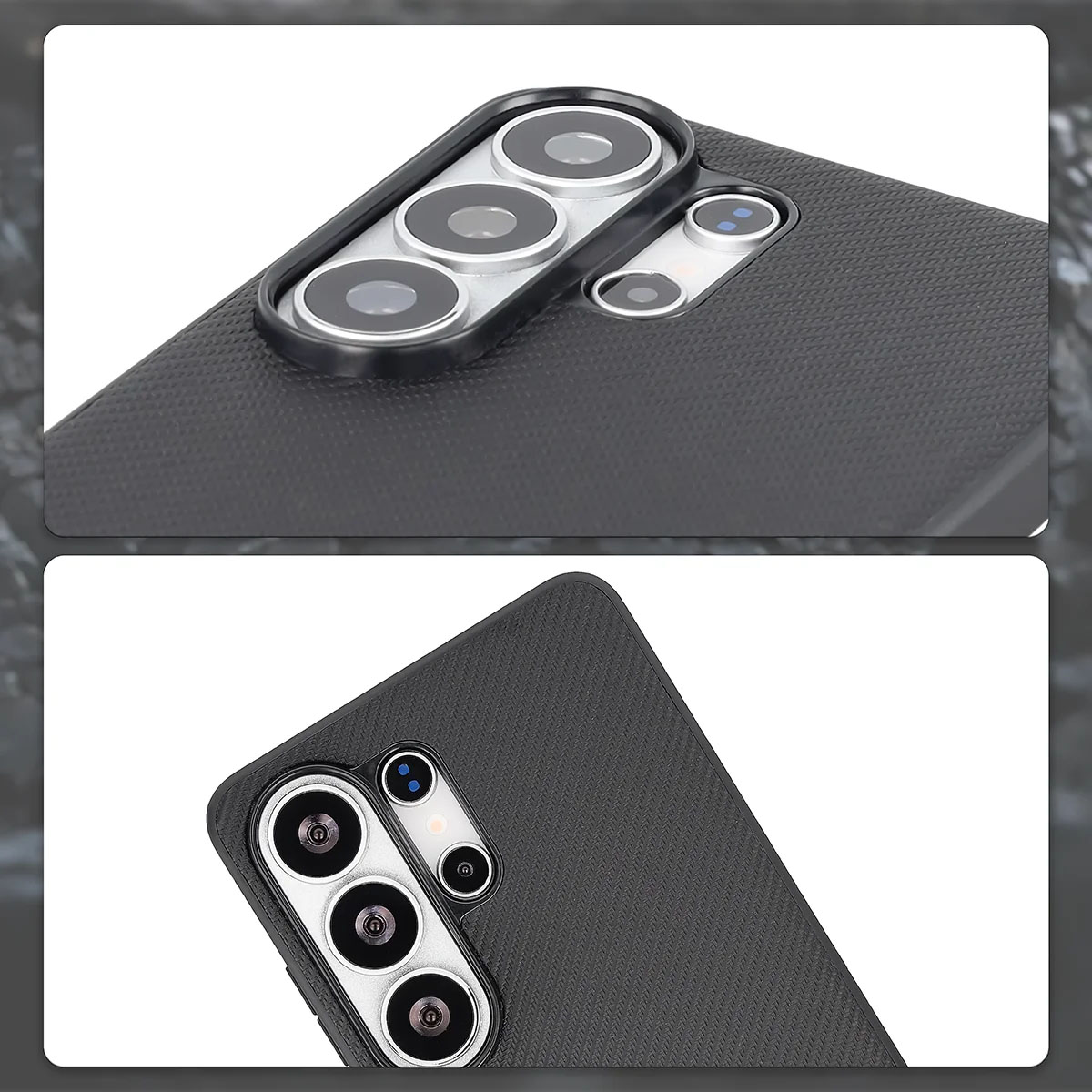 Podniesione krawędzie aparatu i wycięcie na aparat w etui Bizon Case CarbO do Samsung Galaxy S26 Ultra