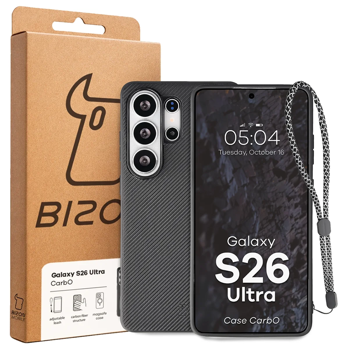 Przód pudełka Bizon Case z dedykowaną etykietą do Samsung Galaxy S26 Ultra