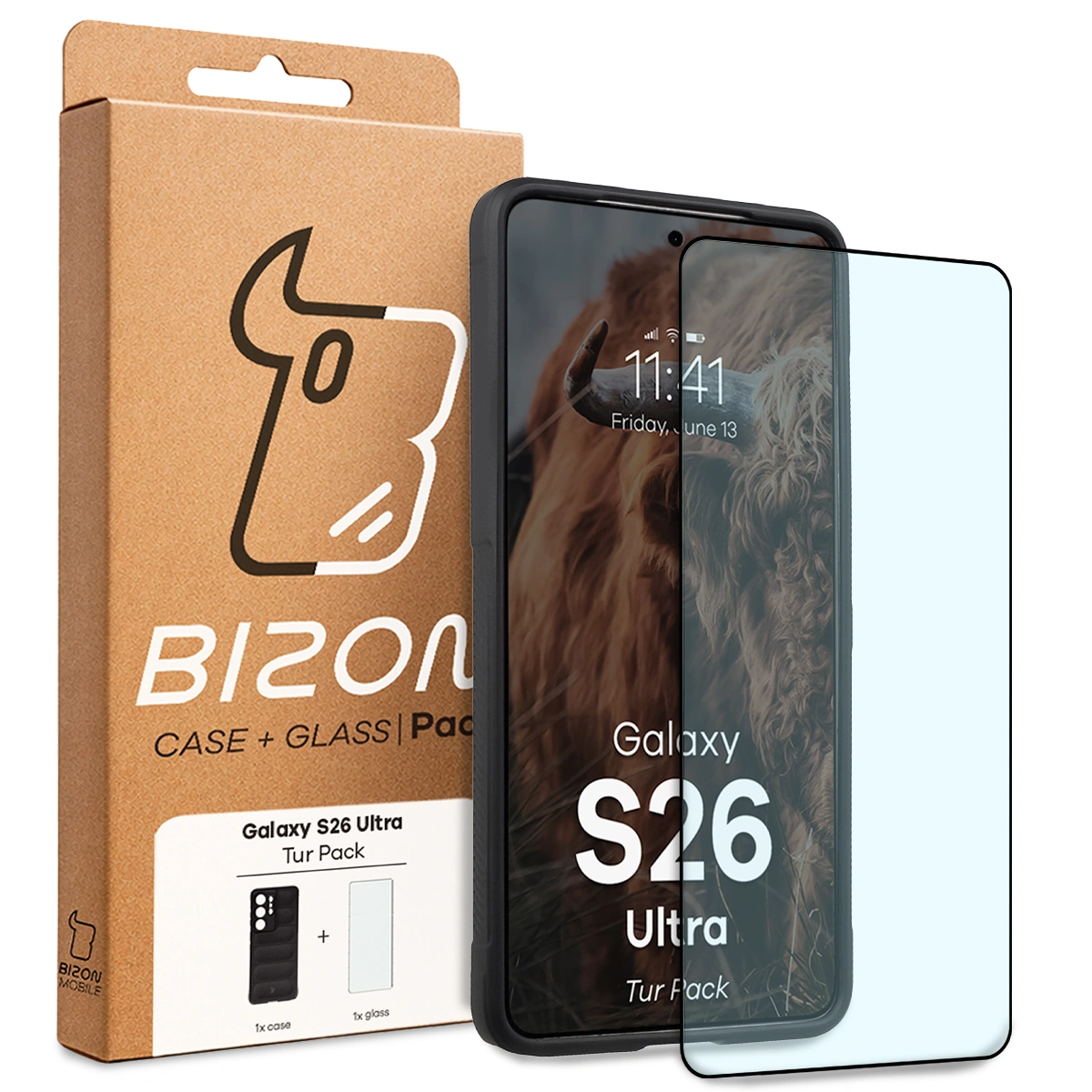 Przód pudełka Bizon Tur Pack z dedykowaną etykietą do Samsung Galaxy S26 Ultra