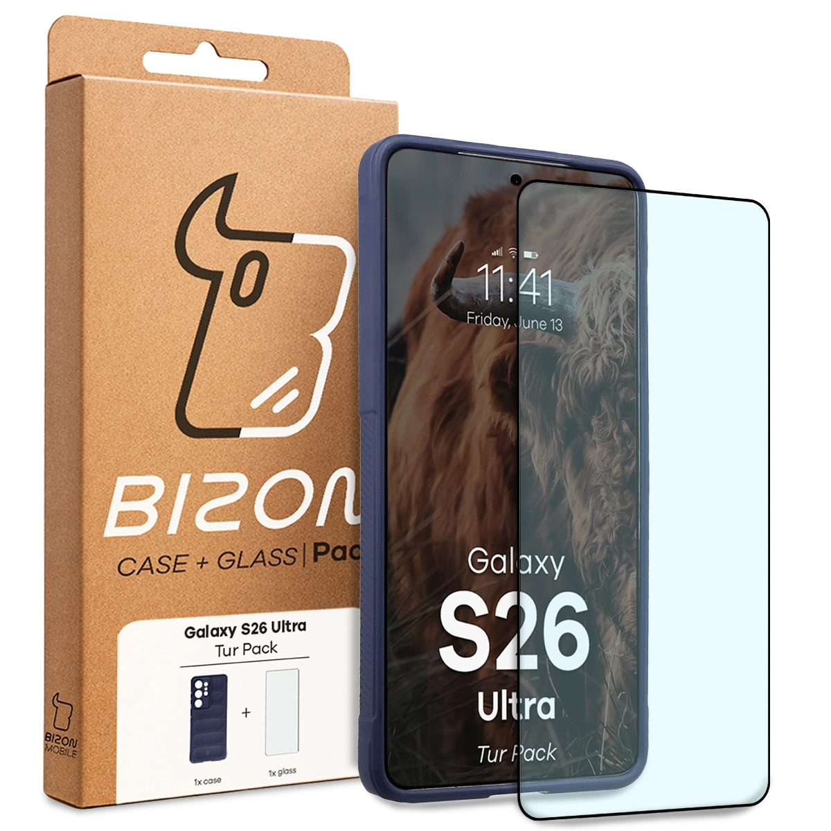 Przód pudełka Bizon Tur Pack z dedykowaną etykietą do Samsung Galaxy S26 Ultra