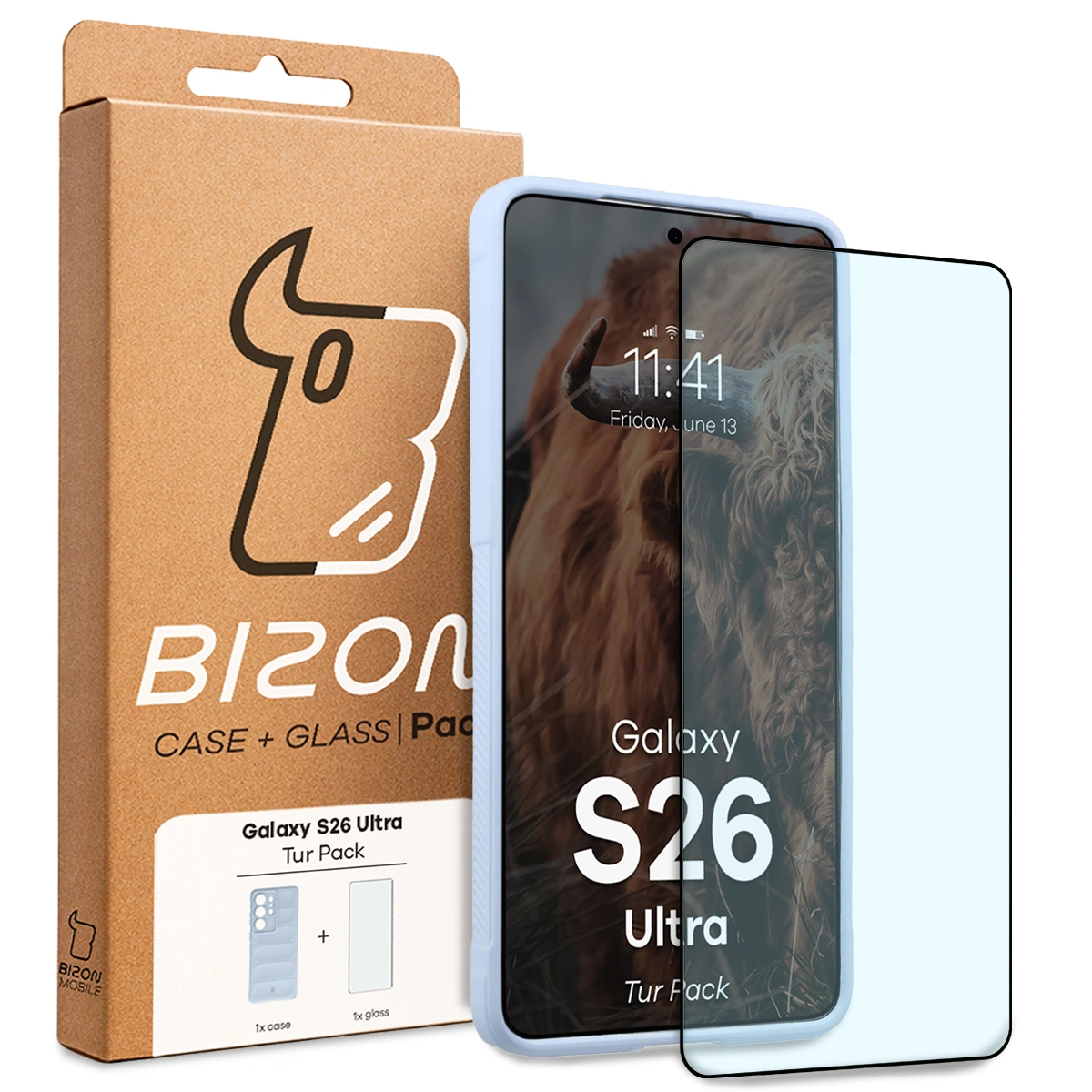 Przód pudełka Bizon Tur Pack z dedykowaną etykietą do Samsung Galaxy S26 Ultra