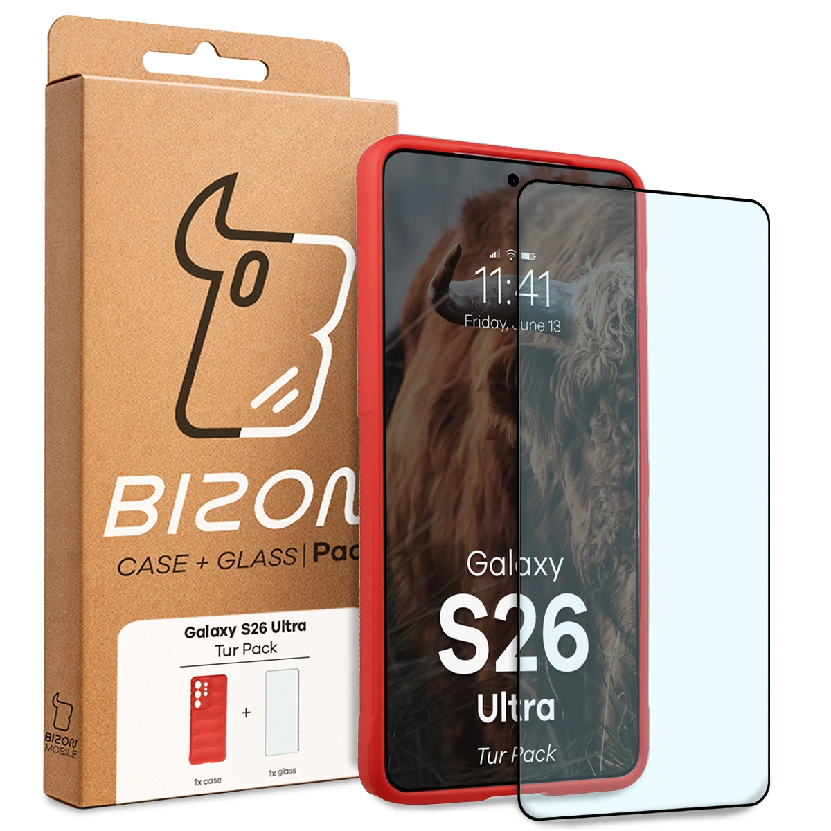 Przód pudełka Bizon Tur Pack z dedykowaną etykietą do Samsung Galaxy S26 Ultra