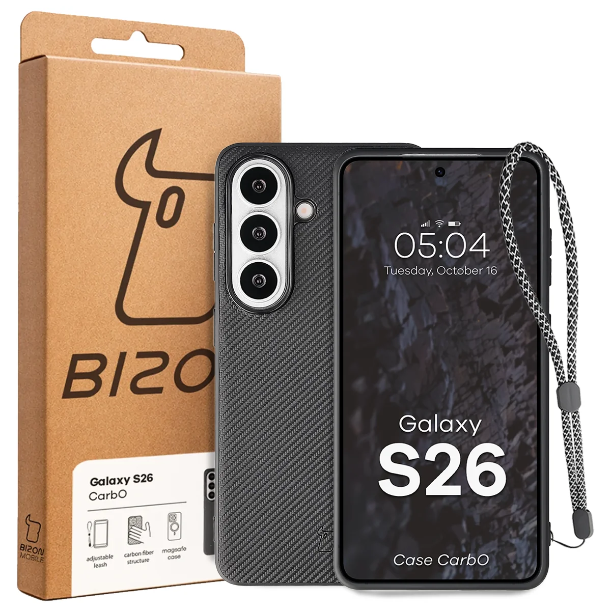 Przód pudełka Bizon Case z dedykowaną etykietą do Samsung Galaxy S26
