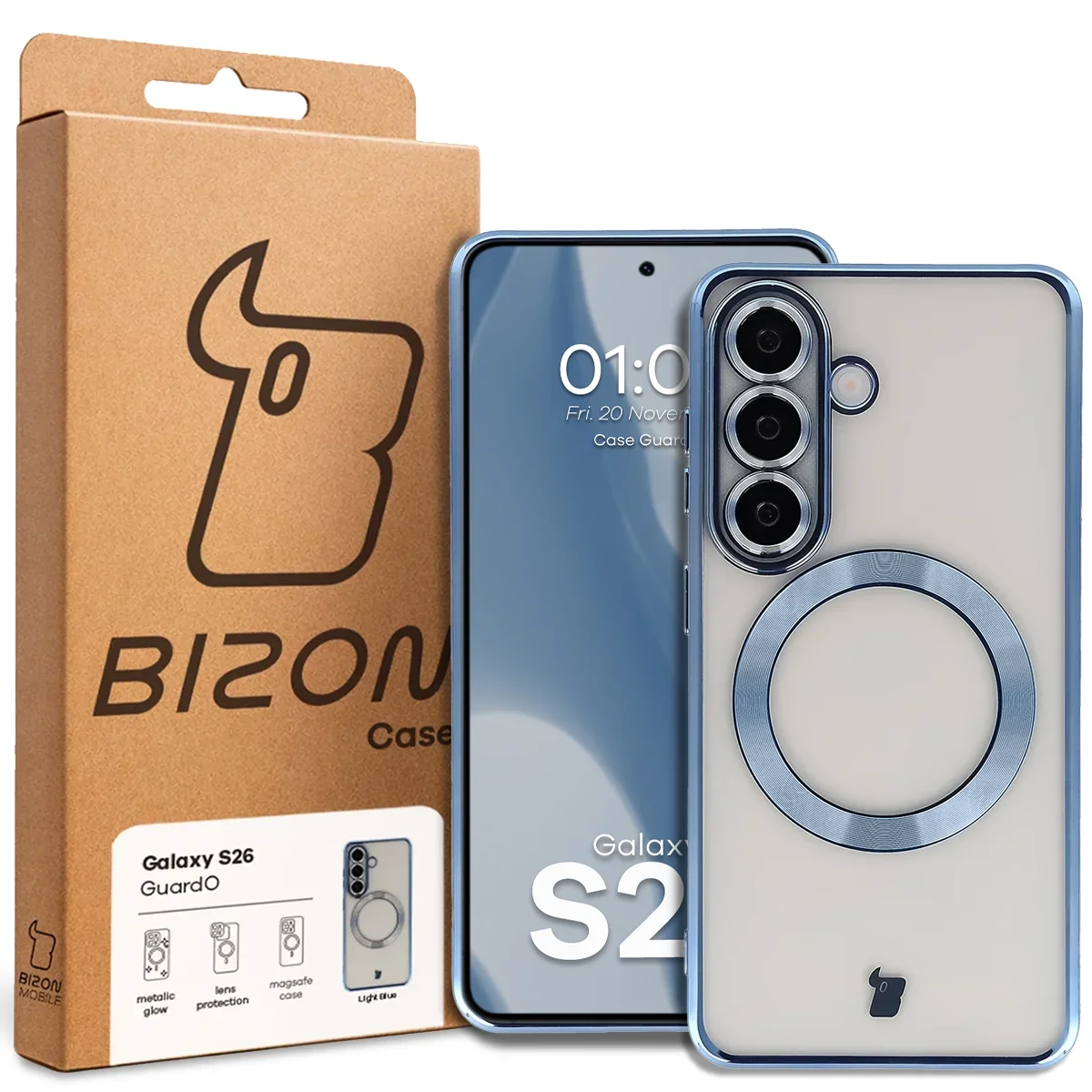 Przód pudełka Bizon Case z dedykowaną etykietą do Samsung Galaxy S26