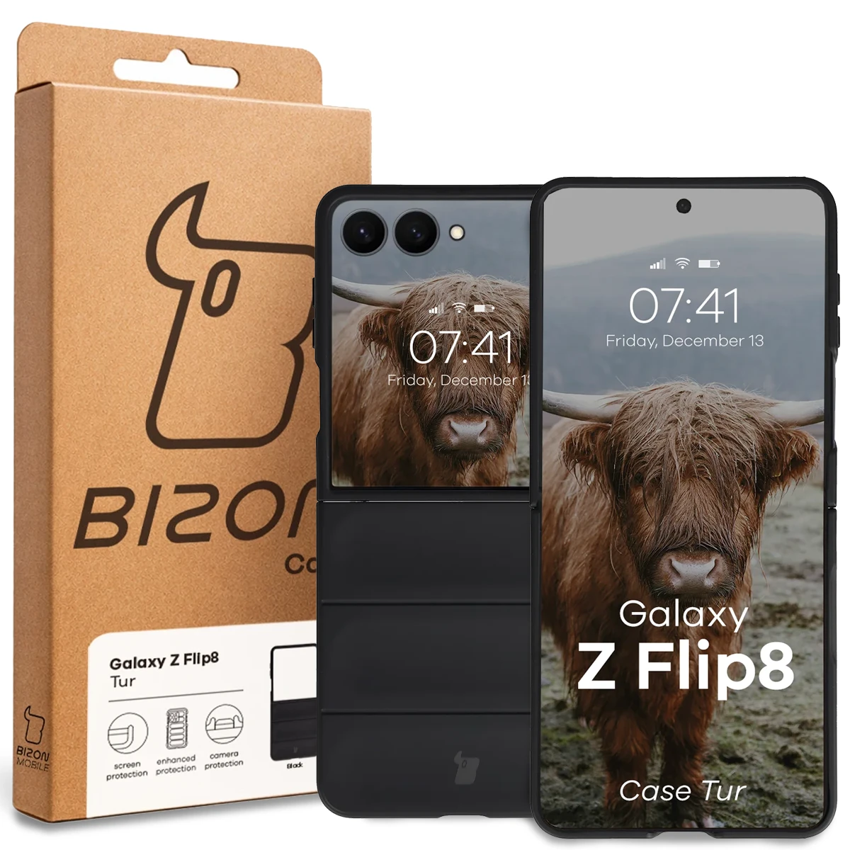 Przód pudełka Bizon Case z dedykowaną etykietą do Galaxy Z Flip8