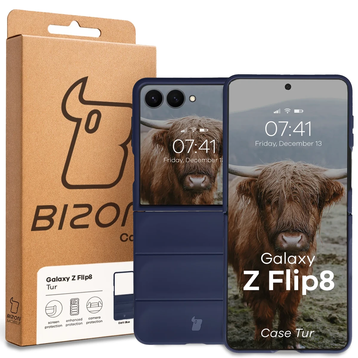 Przód pudełka Bizon Case z dedykowaną etykietą do Galaxy Z Flip8