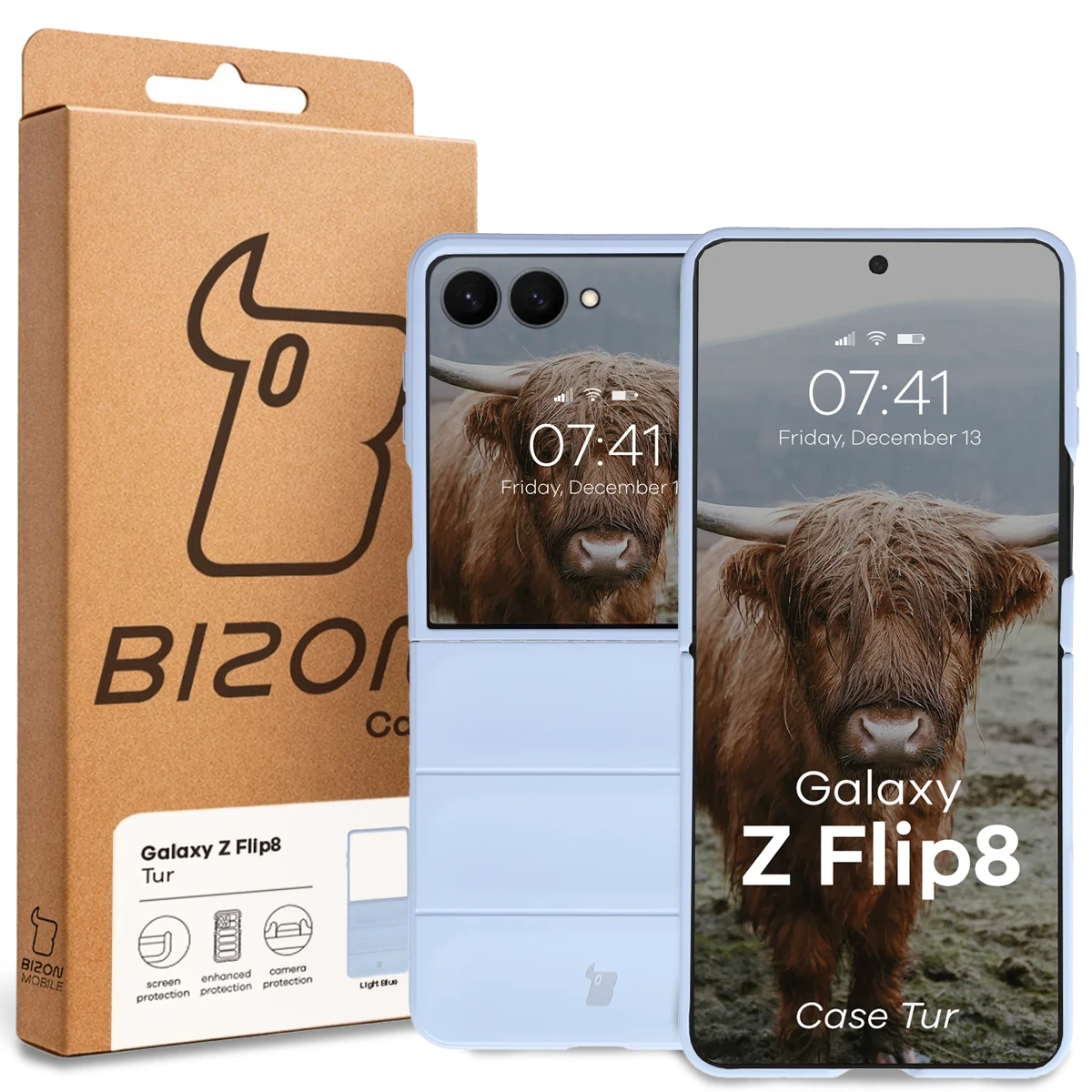 Przód pudełka Bizon Case z dedykowaną etykietą do Galaxy Z Flip8