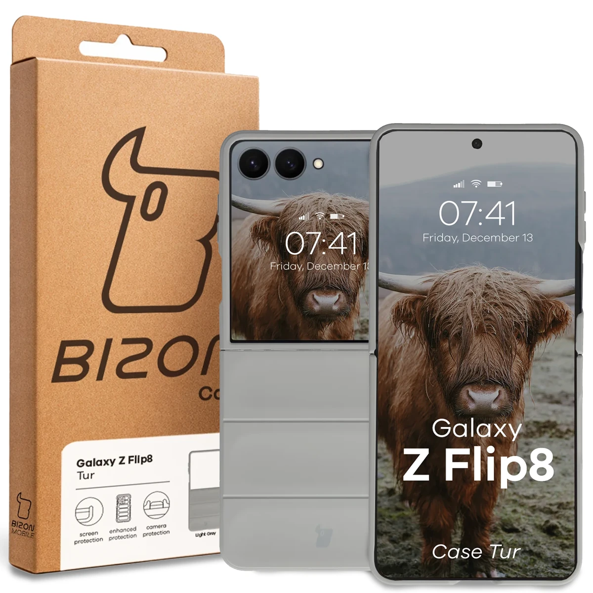Przód pudełka Bizon Case z dedykowaną etykietą do Galaxy Z Flip8