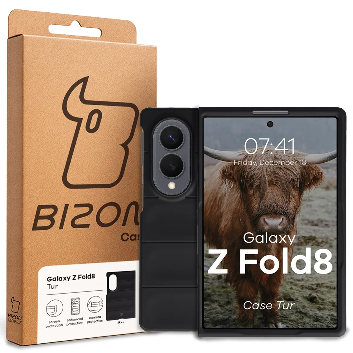 Przód pudełka Bizon Case z dedykowaną etykietą do Galaxy Z Fold8
