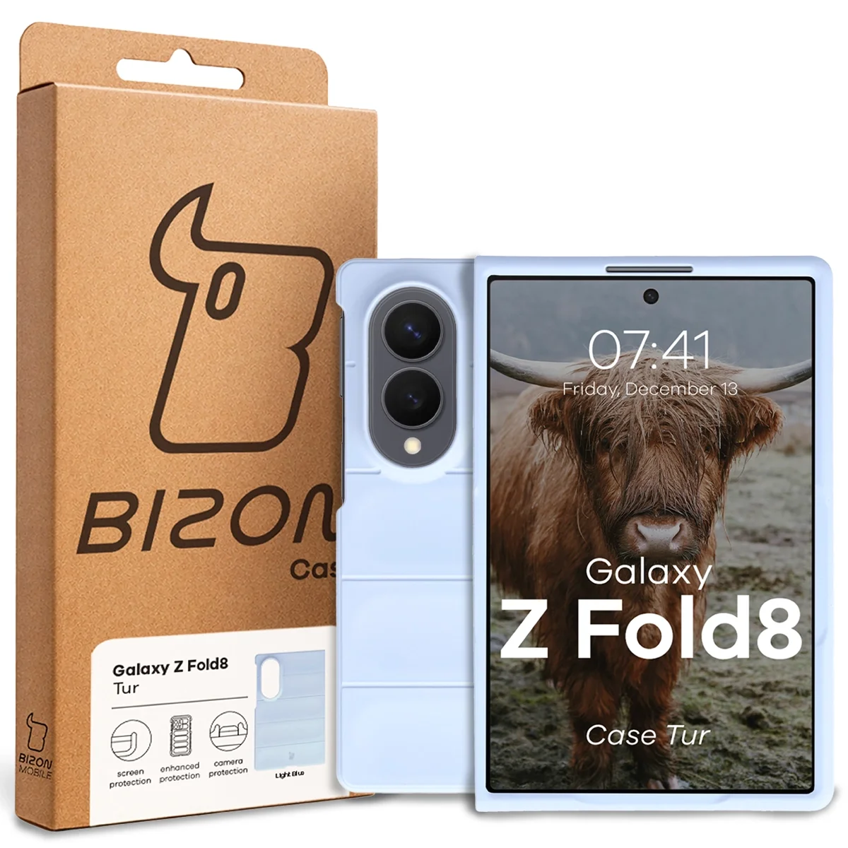 Przód pudełka Bizon Case z dedykowaną etykietą do Galaxy Z Fold8