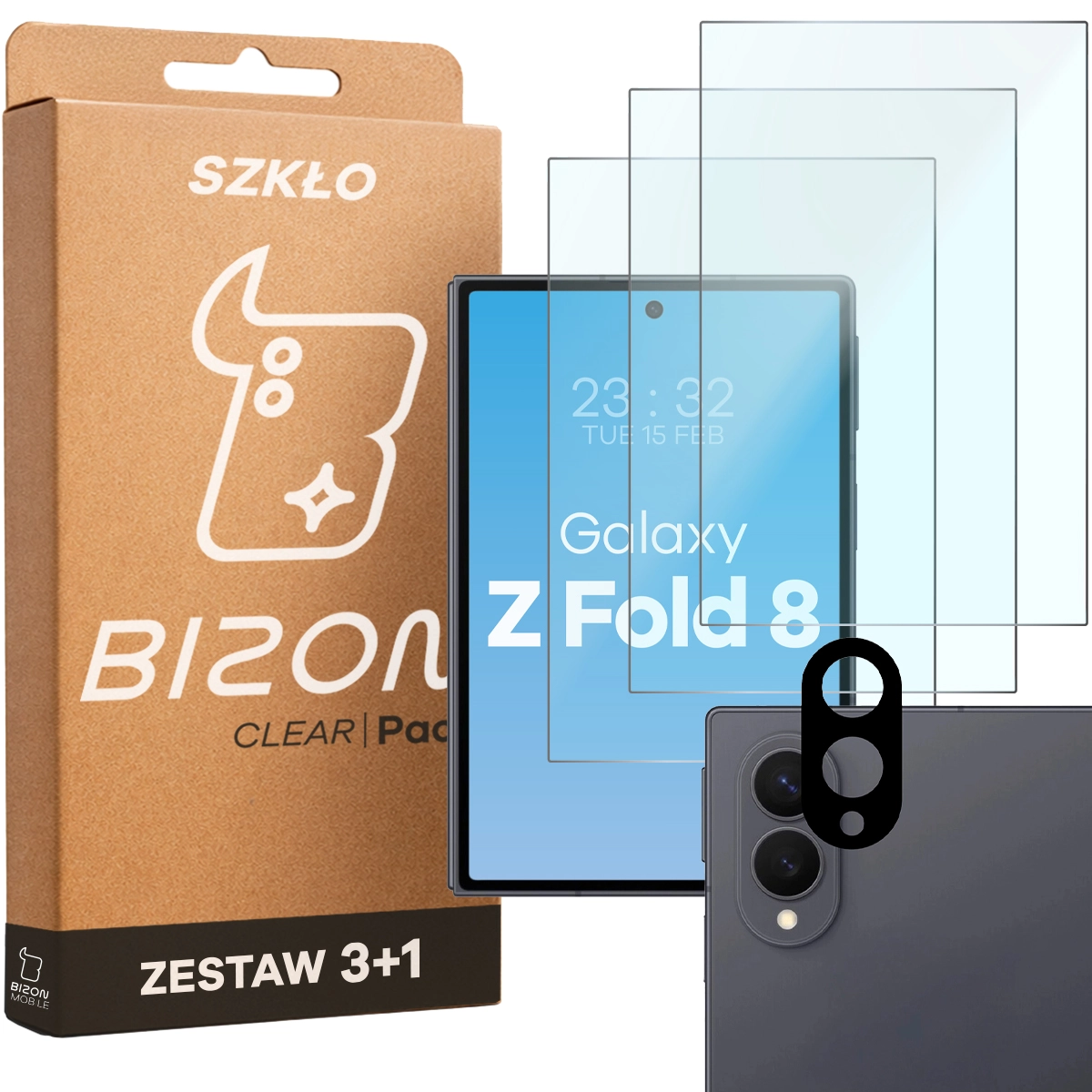 Pudełko i zestaw szkieł do Samsung Galaxy Z Fold8: 3x szkło hartowane i lens