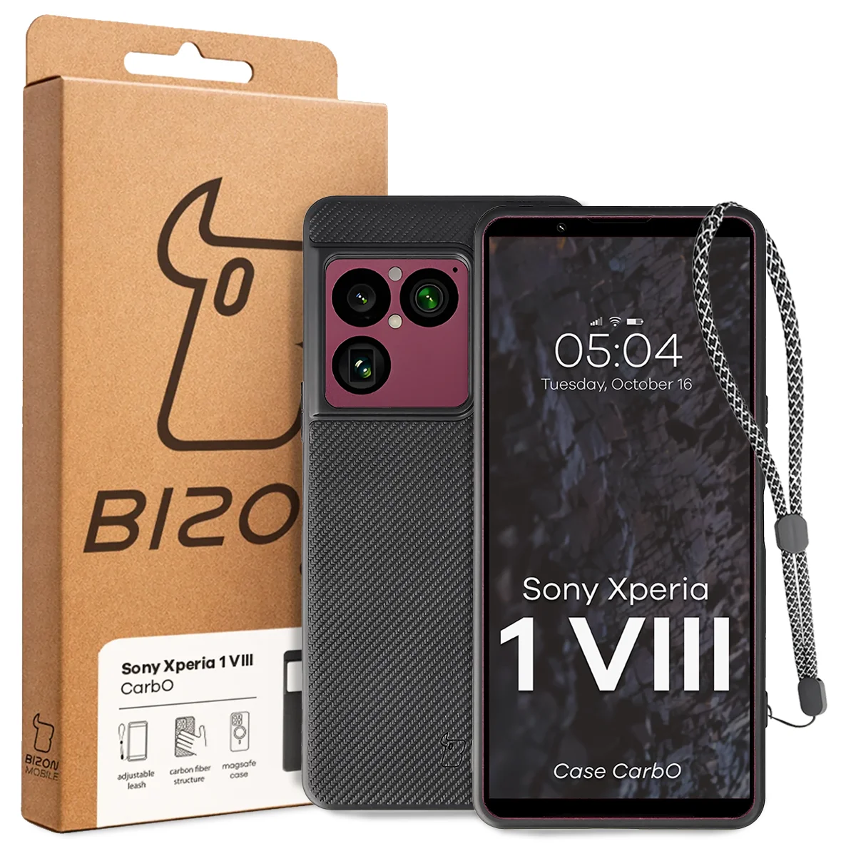 Przód pudełka Bizon Case z dedykowaną etykietą do Sony Xperia 1 VIII