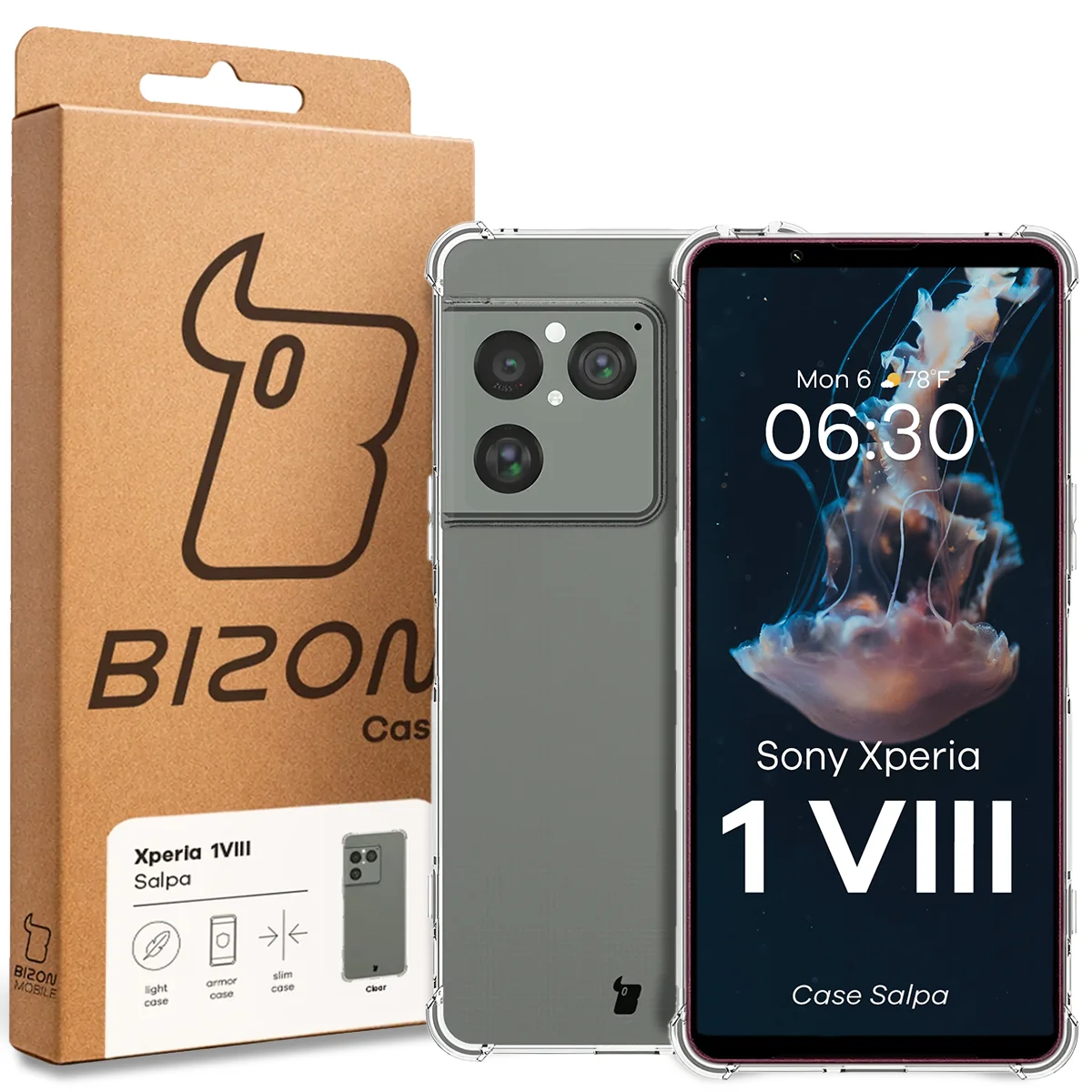 Przód pudełka Bizon Case z dedykowaną etykietą do Sony Xperia 1 VIII