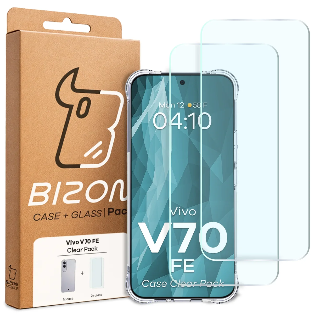 Przód pudełka Bizon Case+Glass z dedykowaną etykietą do Vivo V70 FE 5G