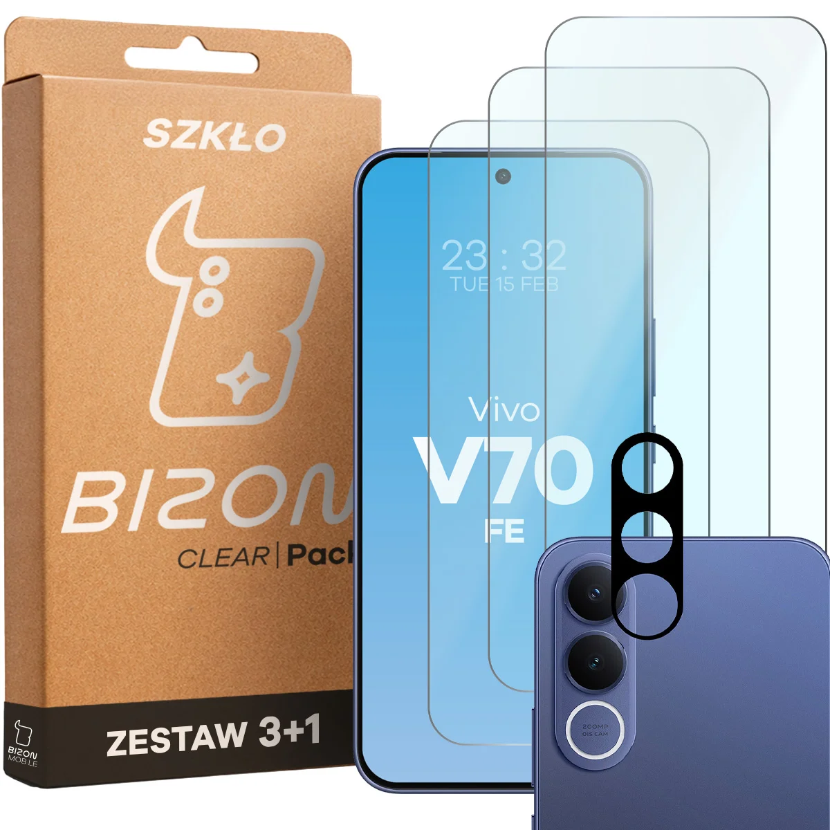 Pudełko i zestaw szkieł do Vivo V70 FE 5G: 3x szkło hartowane i lens