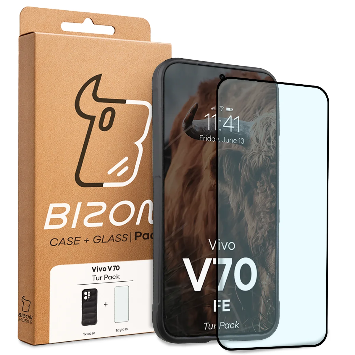 Przód pudełka Bizon Tur Pack z dedykowaną etykietą do Vivo V70 FE 5G