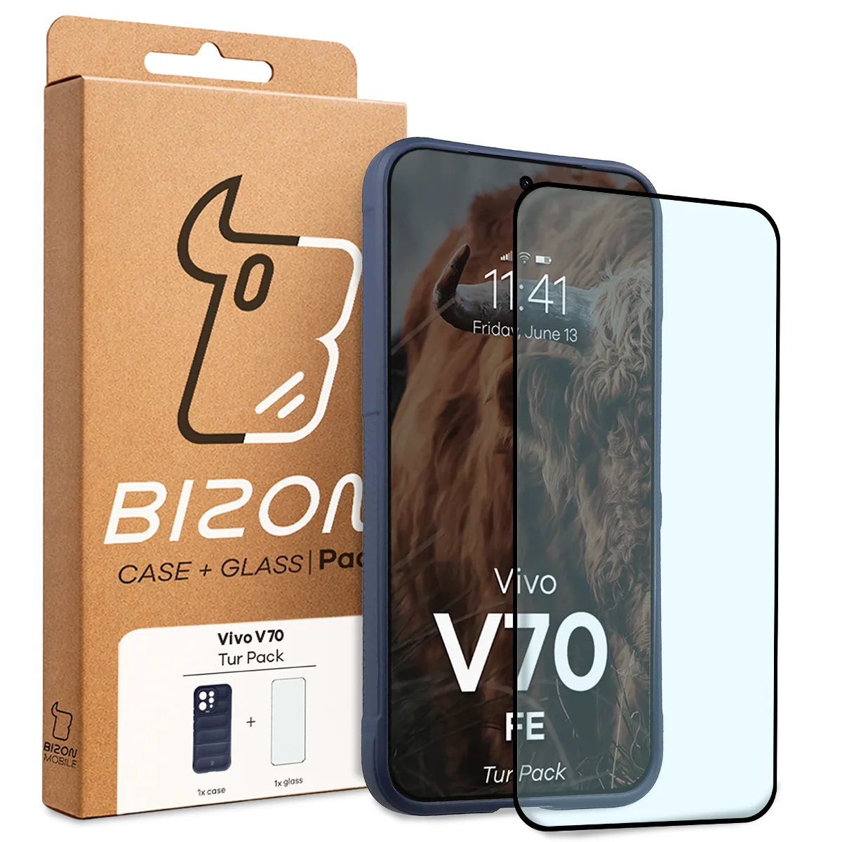 Przód pudełka Bizon Tur Pack z dedykowaną etykietą do Vivo V70 FE 5G