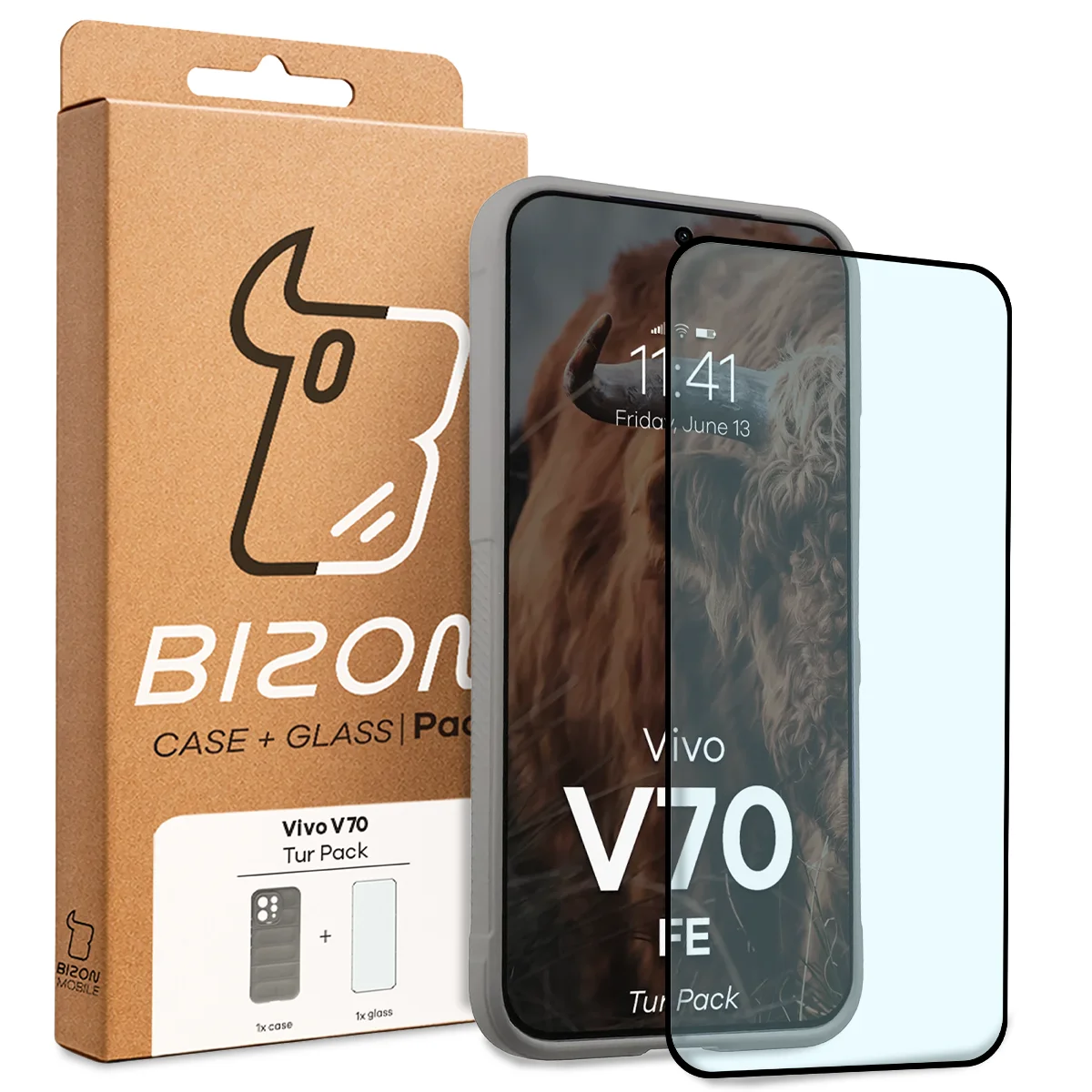 Przód pudełka Bizon Tur Pack z dedykowaną etykietą do Vivo V70 FE 5G