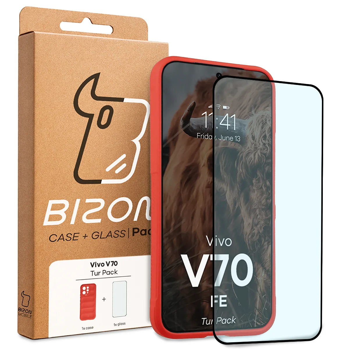 Przód pudełka Bizon Tur Pack z dedykowaną etykietą do Vivo V70 FE 5G