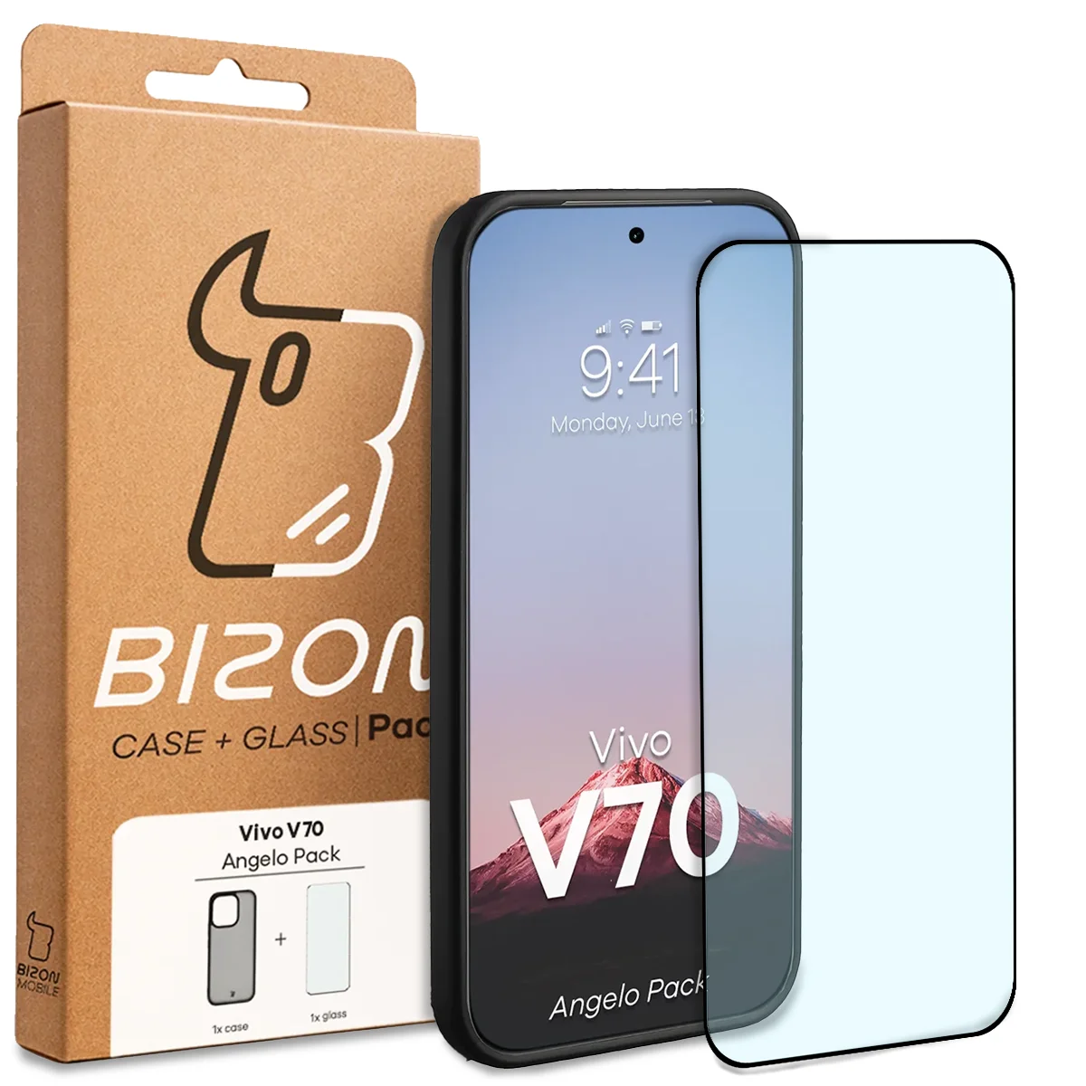 Przód pudełka Bizon Case Angelo Pack z dedykowaną etykietą do Vivo V70 5G