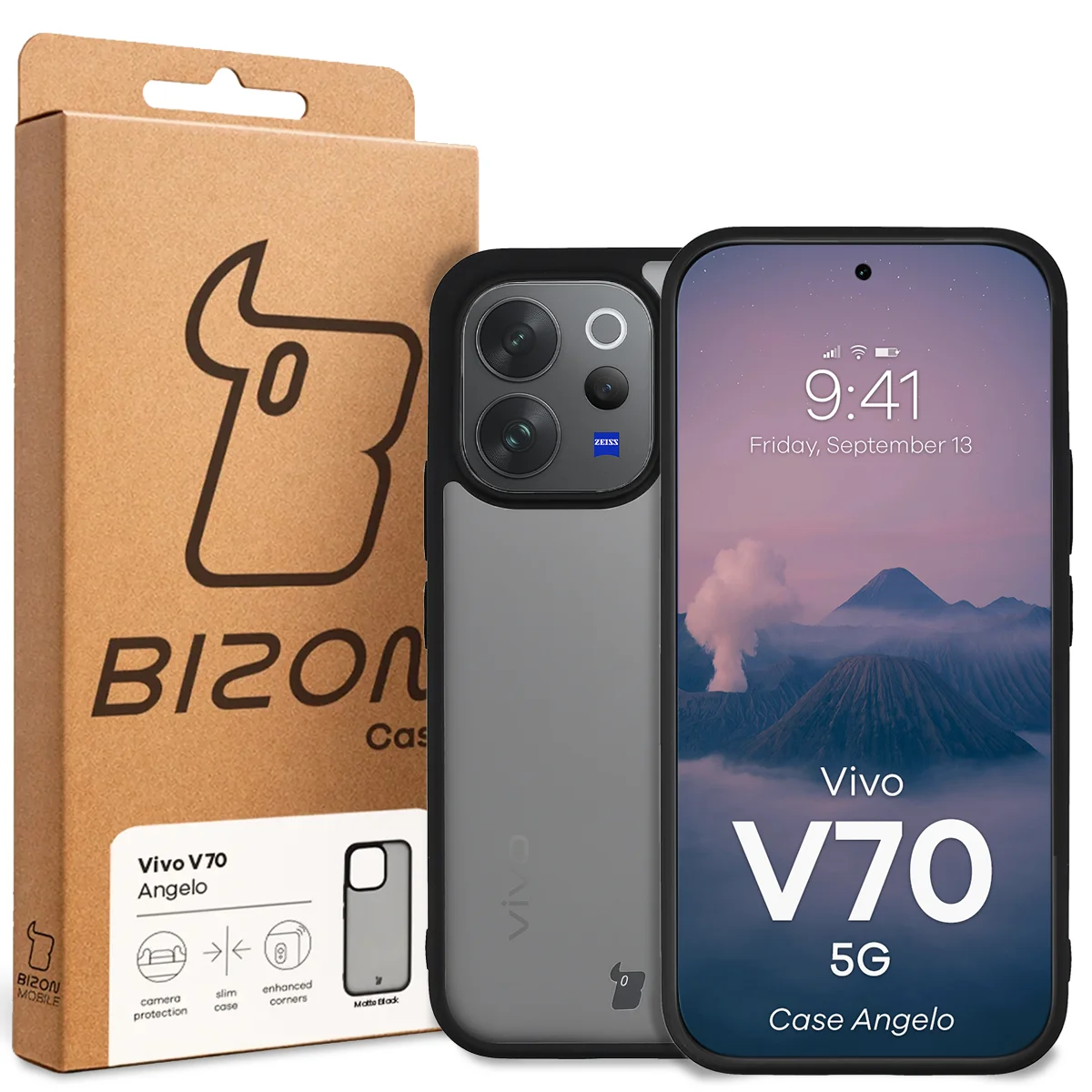 Przód pudełka Bizon Case z dedykowaną etykietą do Vivo V70 5G