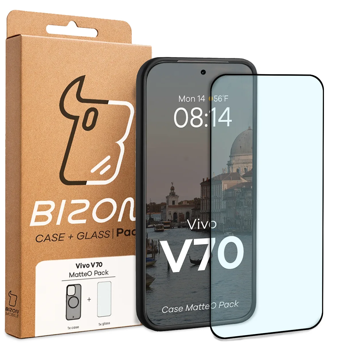Przód pudełka Bizon Case Matteo Pack z dedykowaną etykietą do Vivo V70 5G