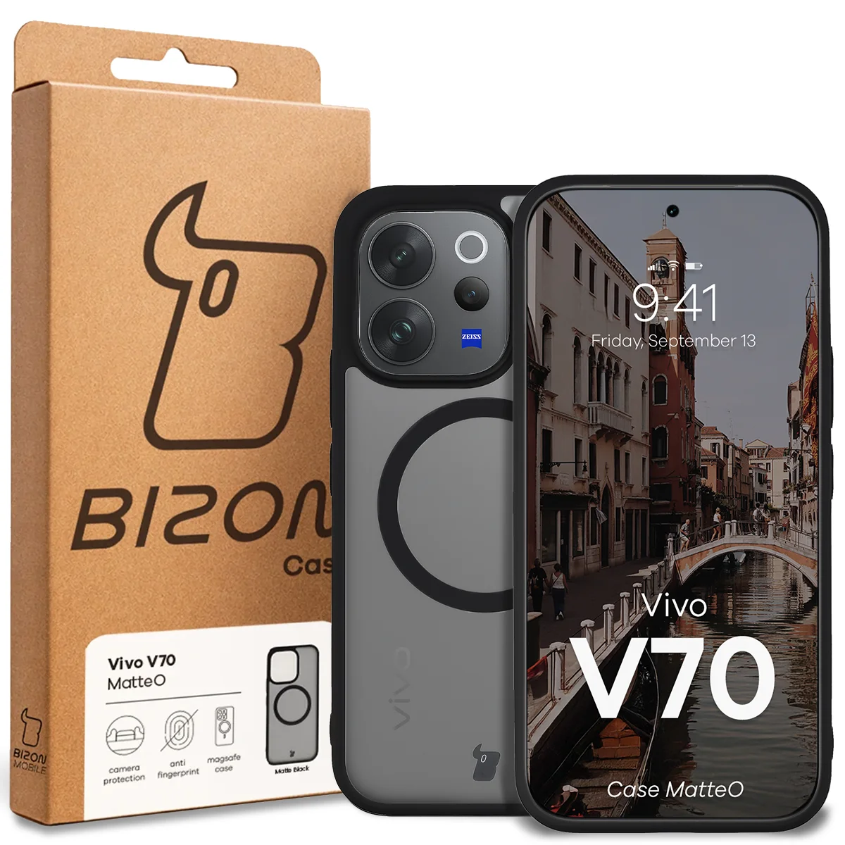 Przód pudełka Bizon Case z dedykowaną etykietą do Vivo V70 5G