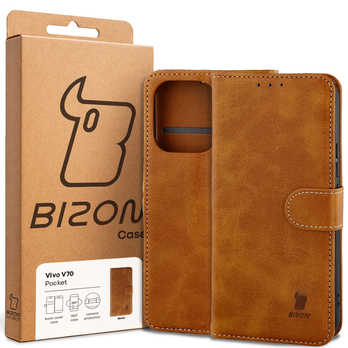 Przód pudełka Bizon Case z dedykowaną etykietą do Vivo V70 5G