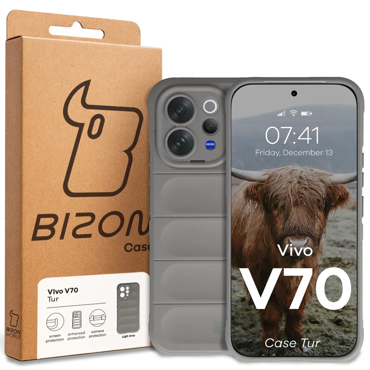 Przód pudełka Bizon Case z dedykowaną etykietą do Vivo V70 5G