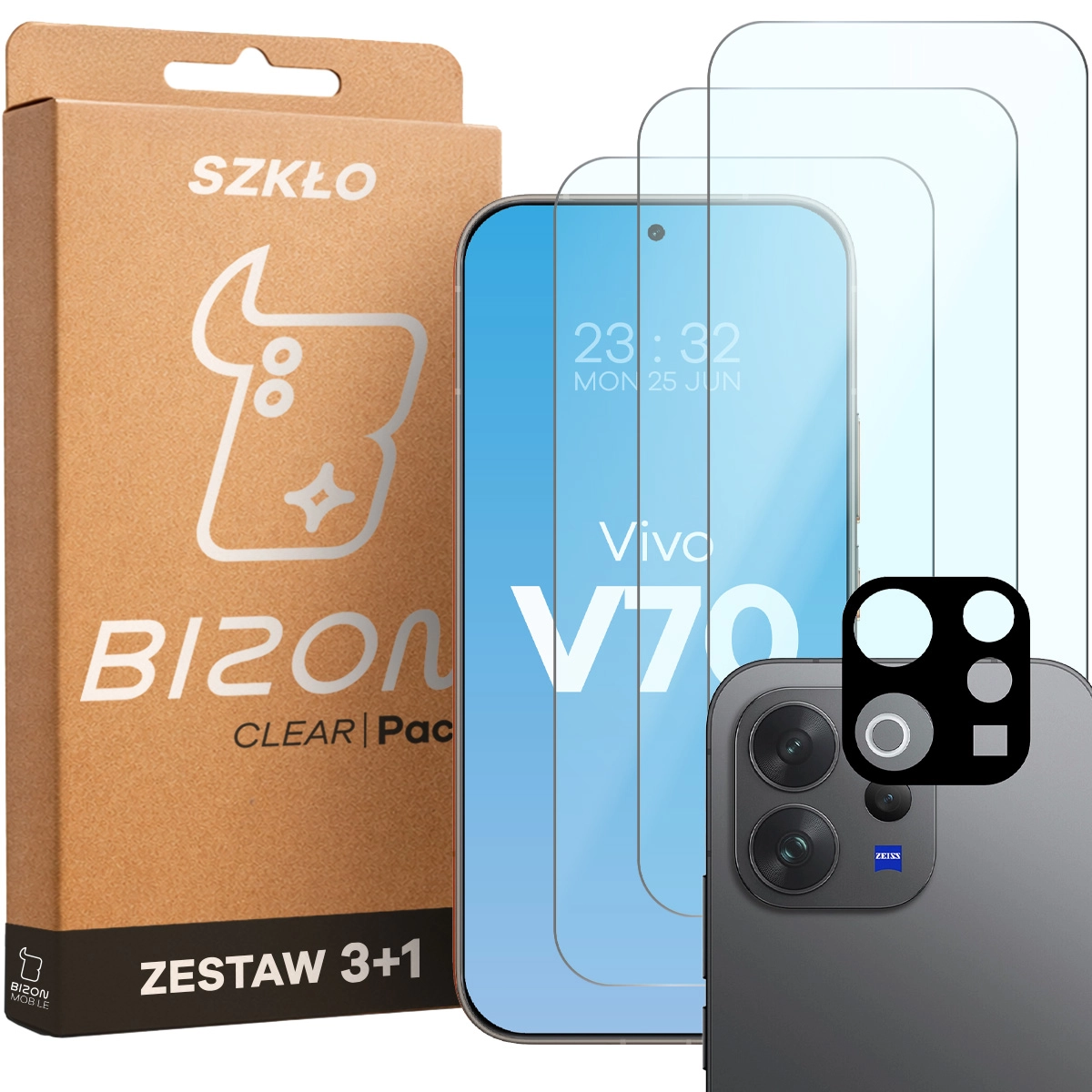 Pudełko i zestaw szkieł do Vivo V70 5G: 3x szkło hartowane i lens