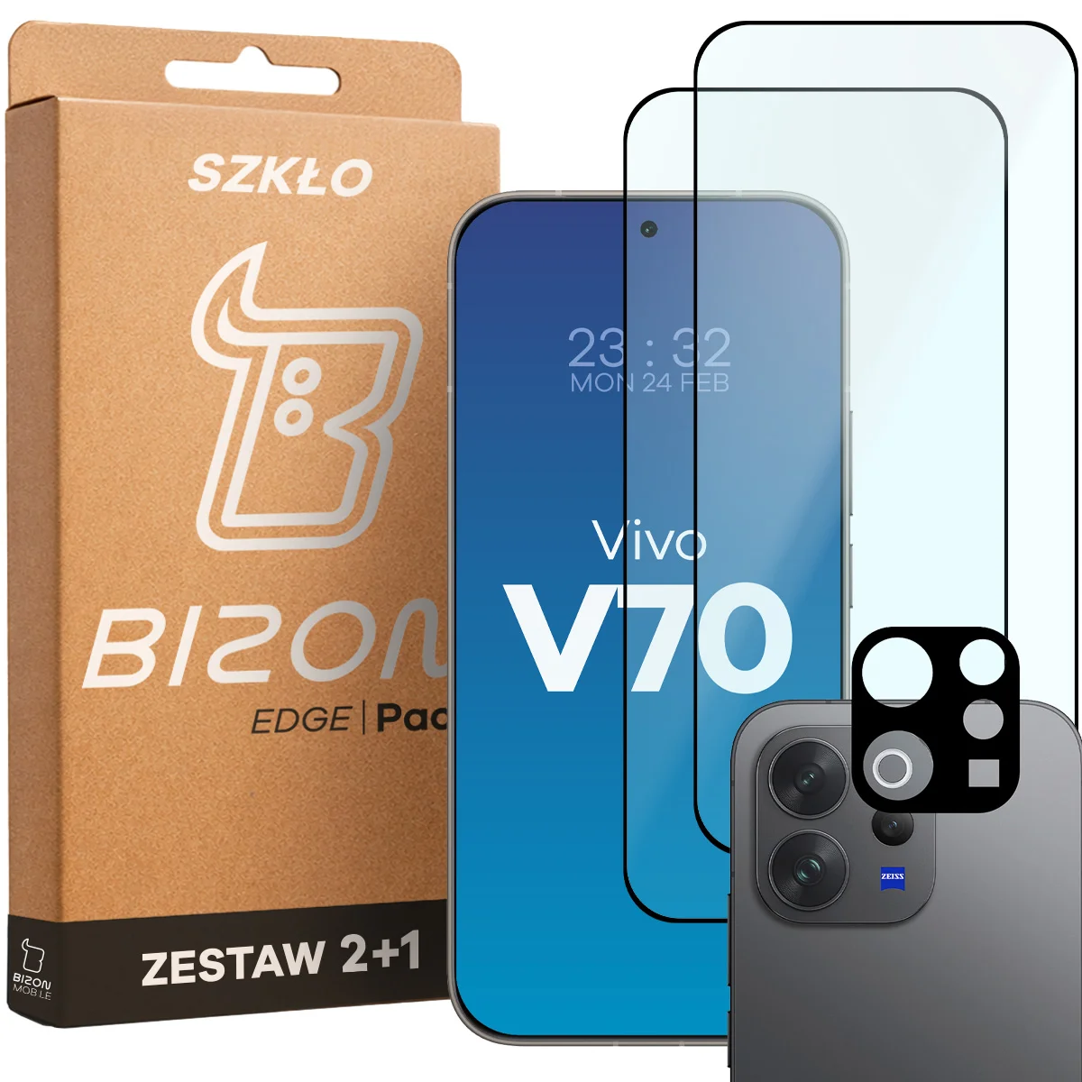 Pudełko i zestaw szkieł do Vivo V70 5G: 2x szkło hartowane i lens