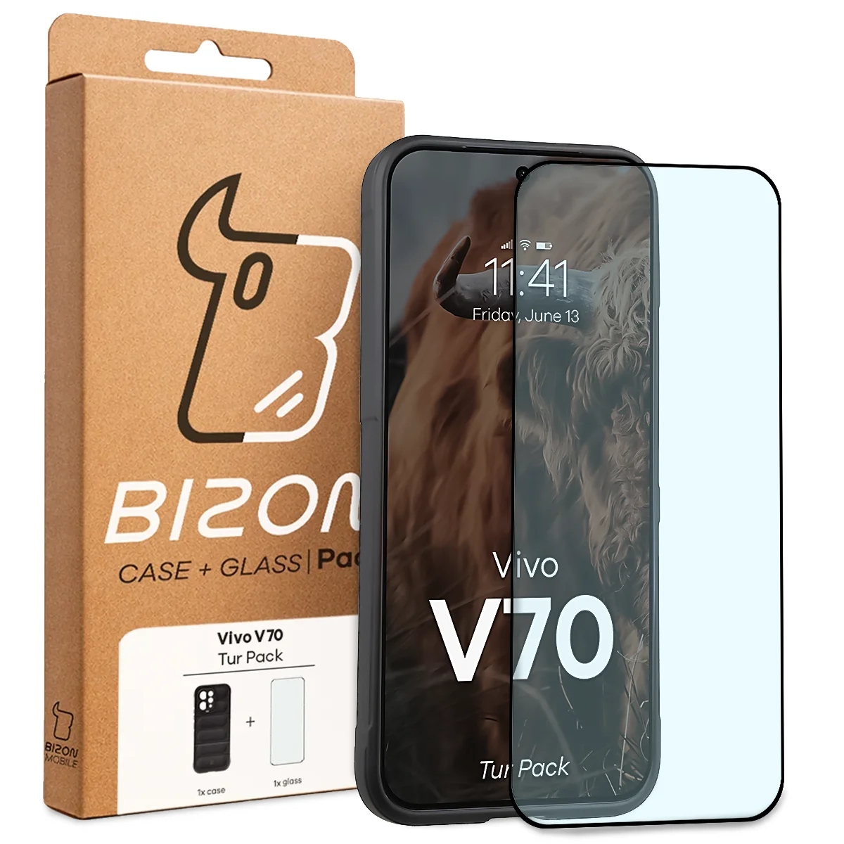 Przód pudełka Bizon Tur Pack z dedykowaną etykietą do Vivo V70 5G